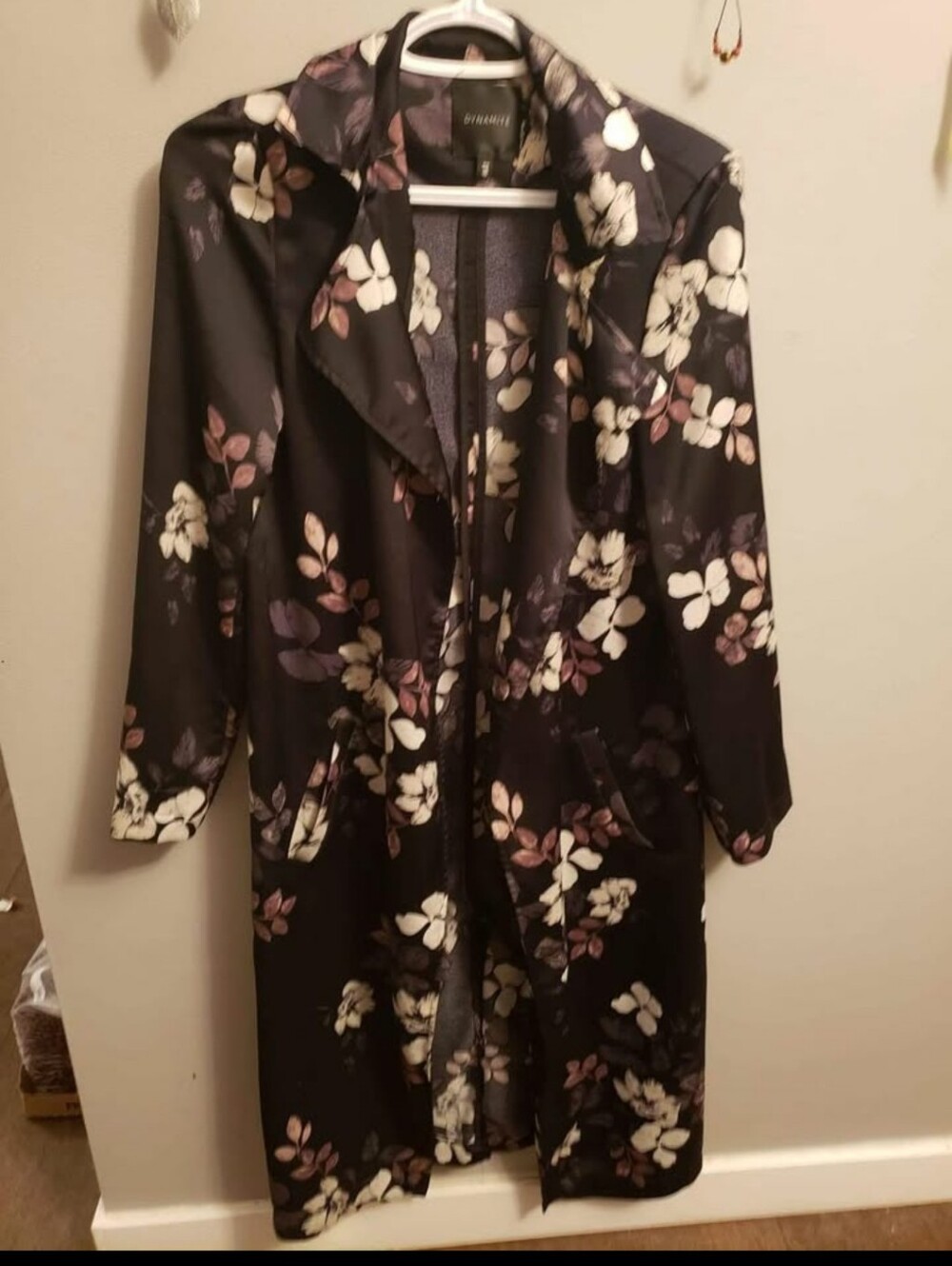 Dynamite Black Satin Floral Long Robe with Cream & Mauve Blooms